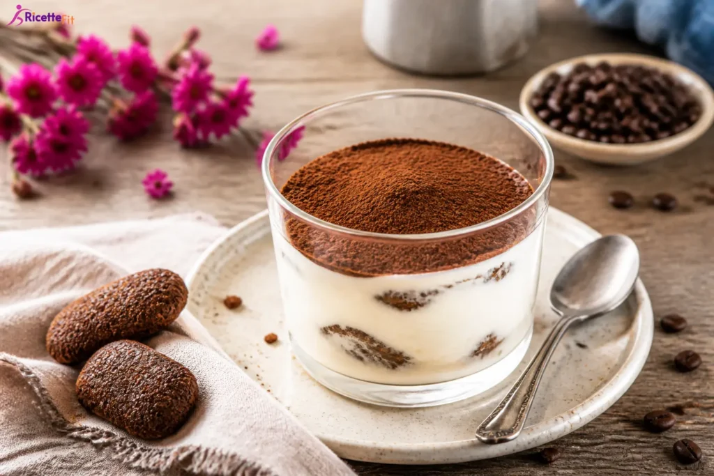 Tiramisù fit con stevia in bicchiere con cacao amaro e savoiardi integrali