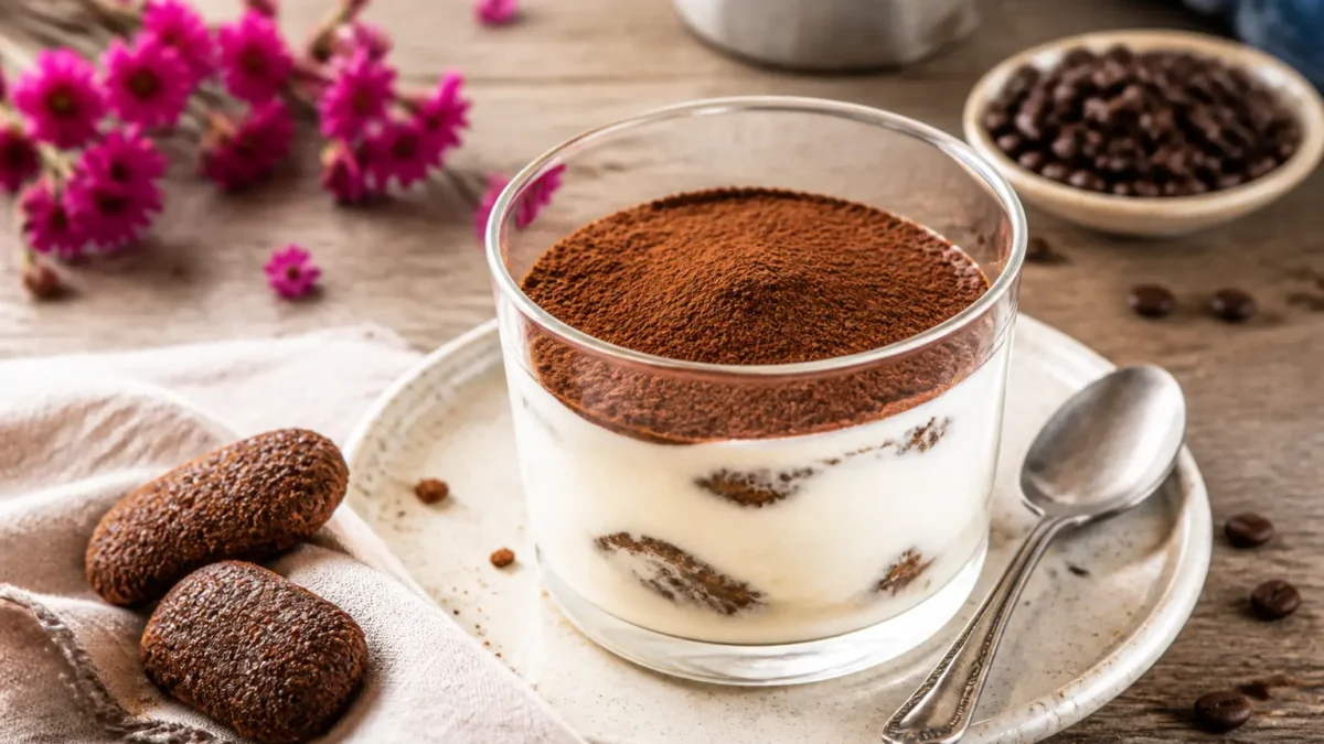 Tiramisù fit con stevia in bicchiere con cacao amaro e savoiardi integrali