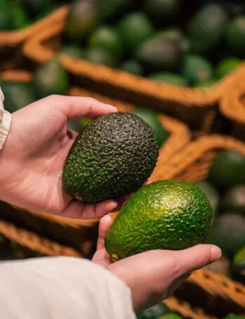 Due mani femminili reggono due avocado di colore diverso, uno verde scuro e uno verde chiaro, davanti al banco della frutta
