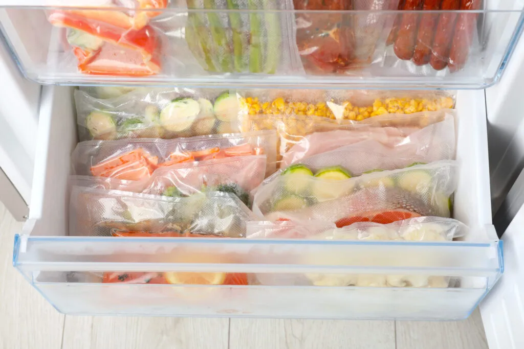 Cassetto del congelatore con verdure, pesce e carne porzionati in buste sottovuoto