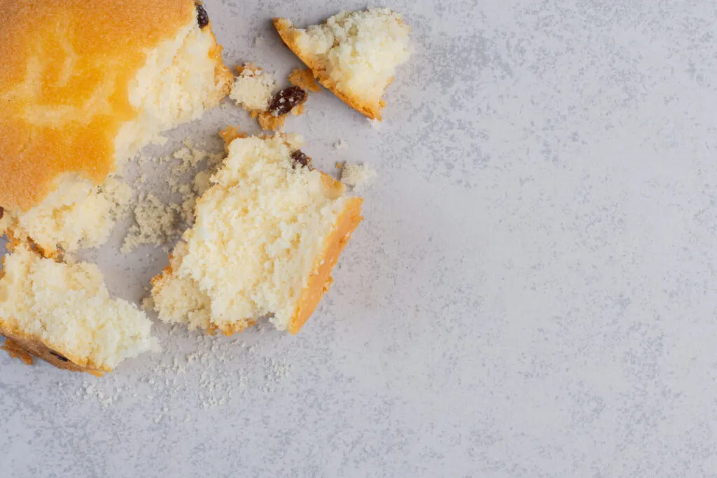Torta soffice con uvetta spezzata in pezzi irregolari e briciole sul piano