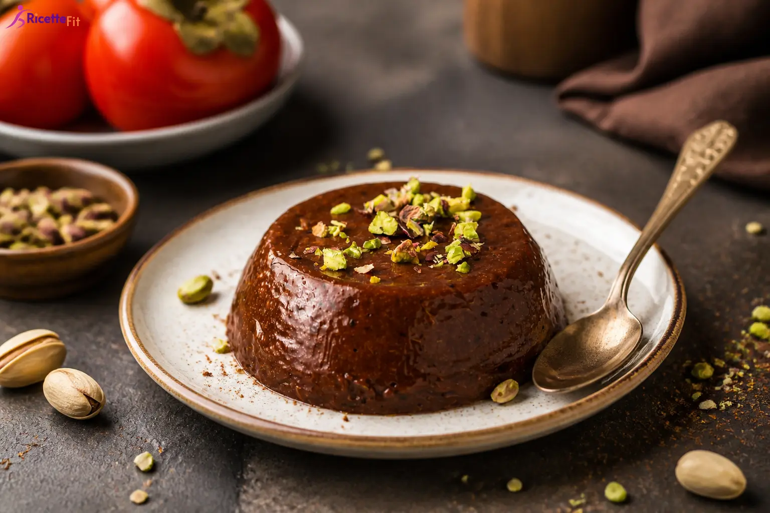 Budino di cachi al cacao senza zucchero con pistacchi
