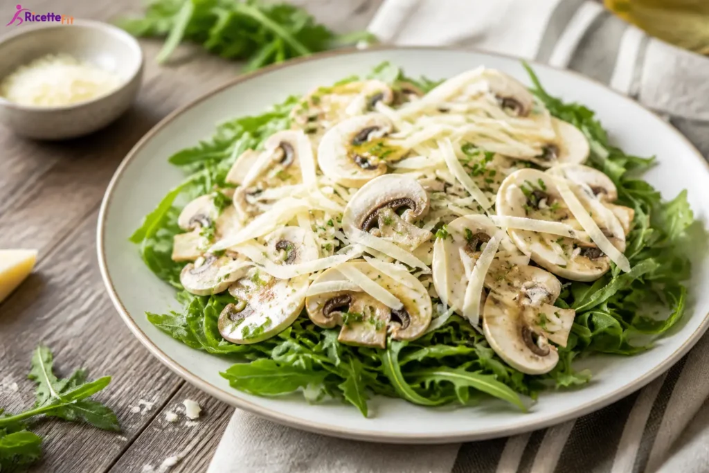 Carpaccio di funghi champignon con rucola, limone e scaglie di grana