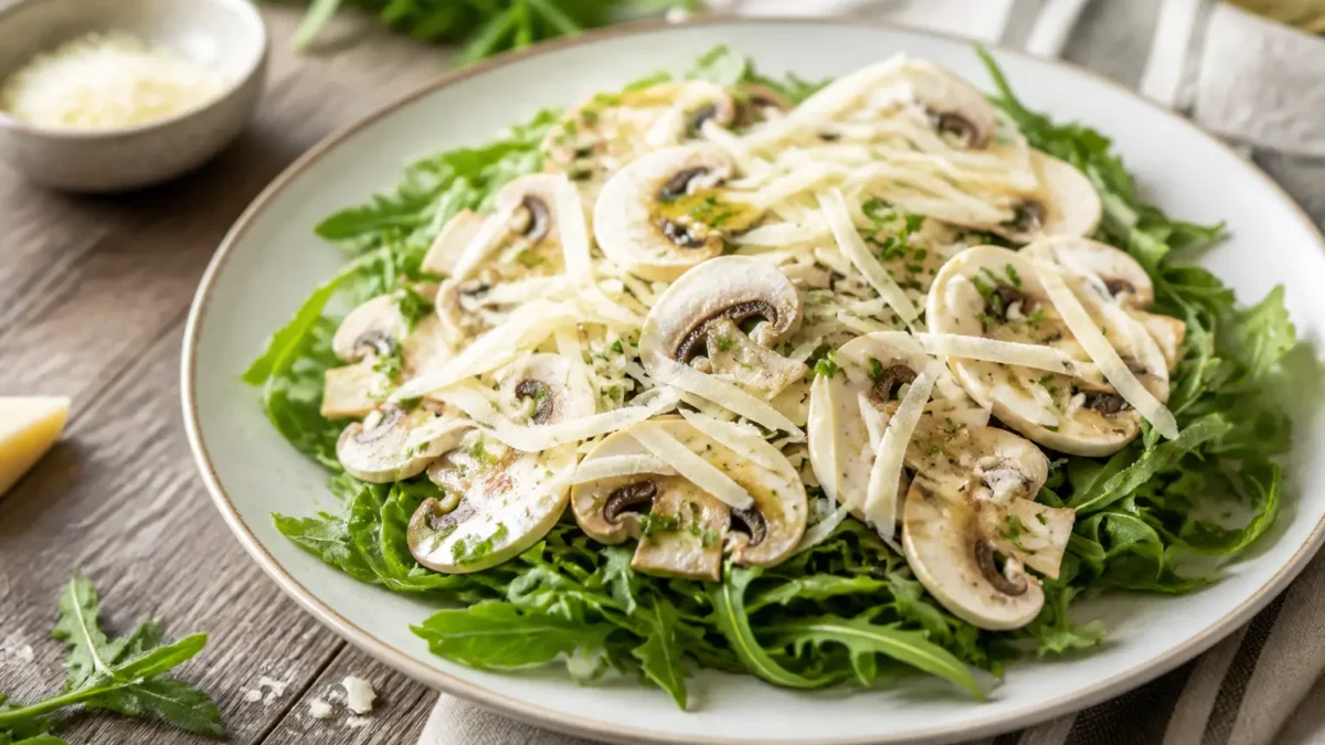 Carpaccio di funghi champignon con rucola, limone e scaglie di grana