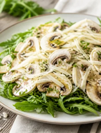 Carpaccio di funghi champignon con rucola, limone e scaglie di grana