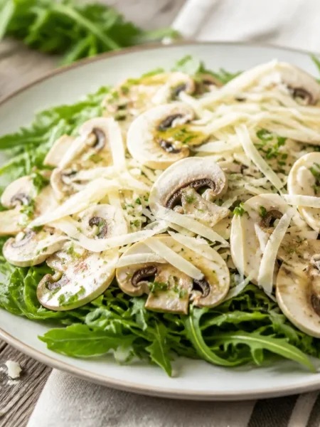 Carpaccio di funghi champignon con rucola, limone e scaglie di grana