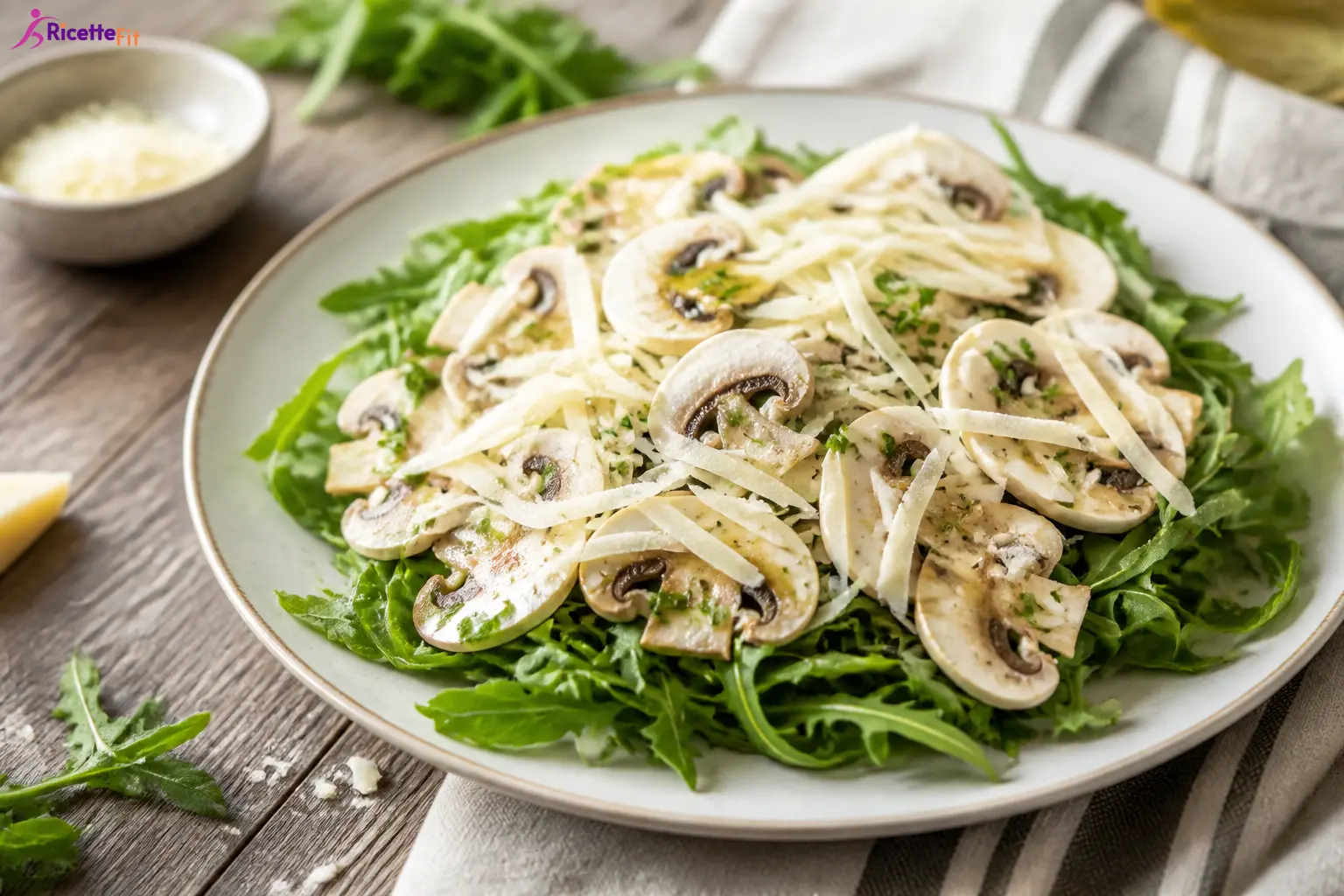 Carpaccio di funghi champignon con rucola, limone e scaglie di grana