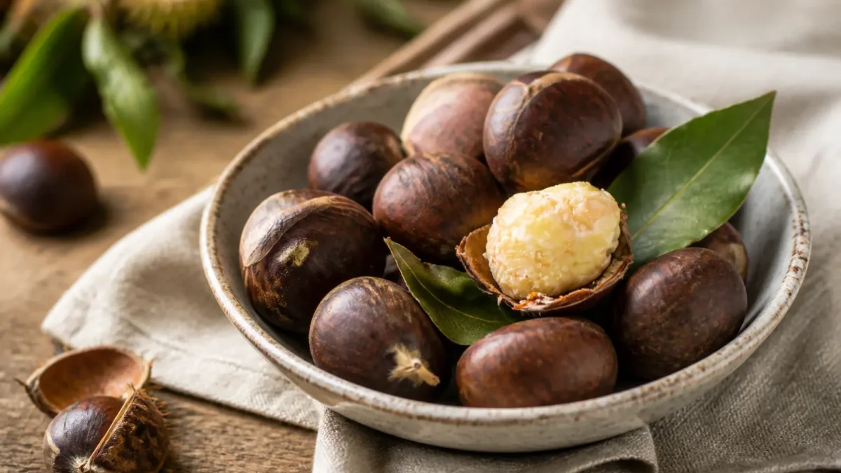 Castagne bollite con alloro in ciotola rustica