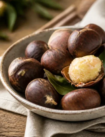 Castagne bollite con alloro in ciotola rustica
