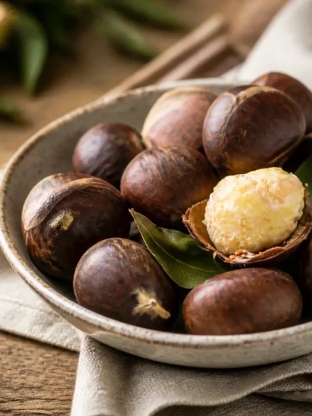 Castagne bollite con alloro in ciotola rustica