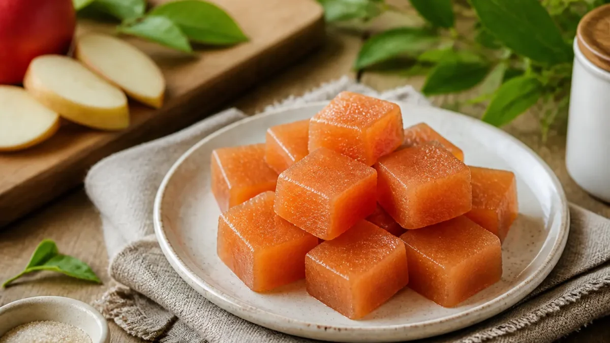 Cotognata con metà zucchero a cubetti su piatto chiaro