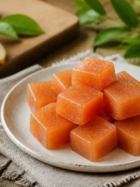 Cotognata con metà zucchero a cubetti su piatto chiaro