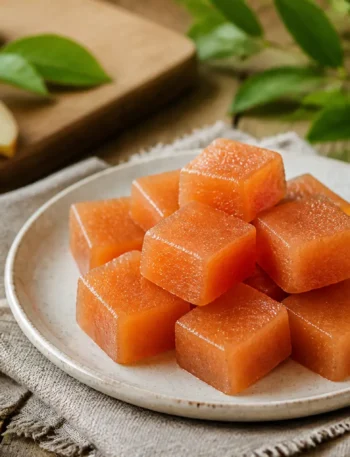 Cotognata con metà zucchero a cubetti su piatto chiaro