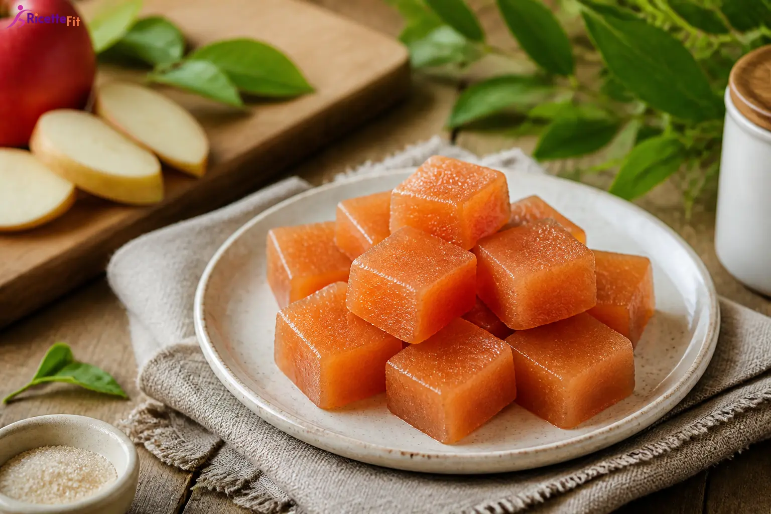 Cotognata con metà zucchero a cubetti su piatto chiaro