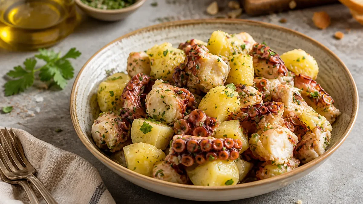 Insalata di polpo e patate con prezzemolo e olio extravergine