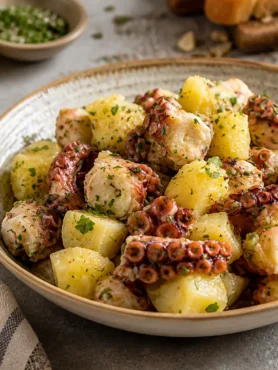 Insalata di polpo e patate con prezzemolo e olio extravergine