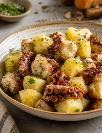 Insalata di polpo e patate con prezzemolo e olio extravergine