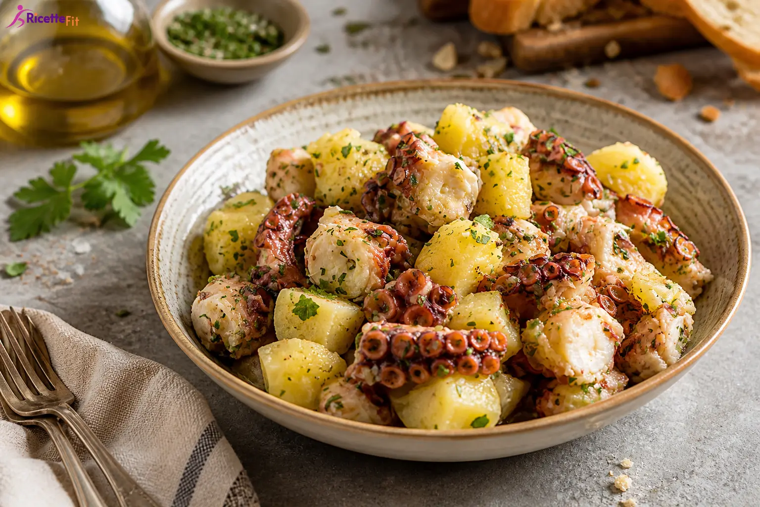Insalata di polpo e patate con prezzemolo e olio extravergine