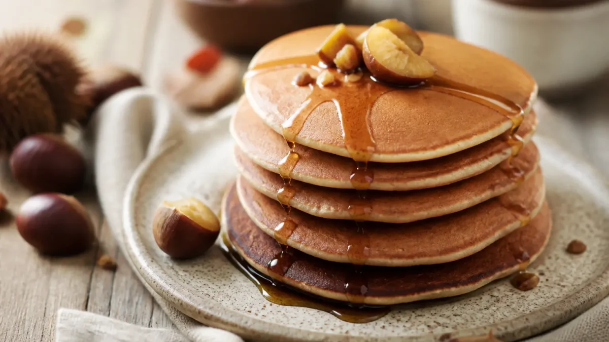 Pancake alla farina di castagne con castagne e sciroppo senza zucchero