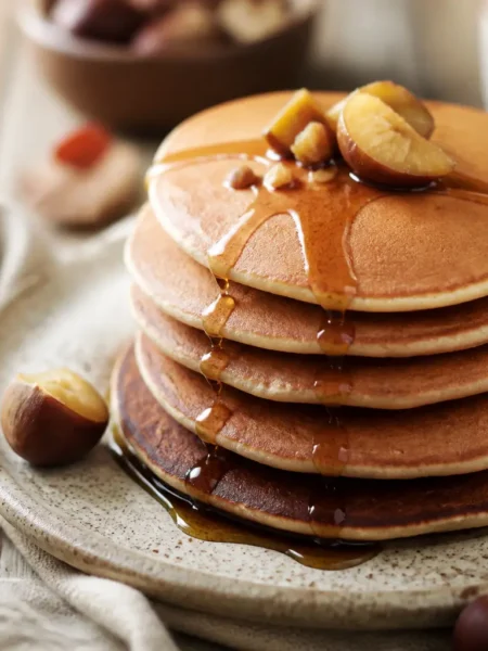 Pancake alla farina di castagne con castagne e sciroppo senza zucchero