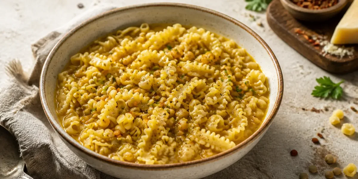 Pasta e ceci cremosa senza lardo in ciotola con pepe e prezzemolo