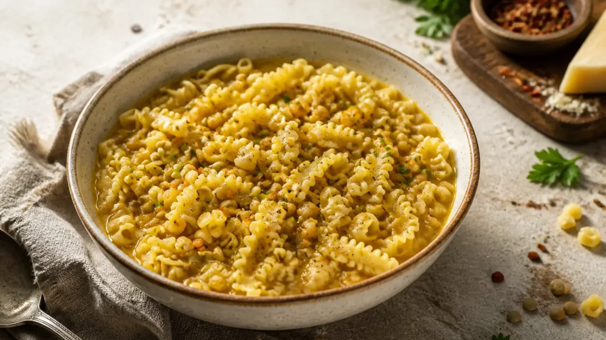 Pasta e ceci cremosa senza lardo in ciotola con pepe e prezzemolo