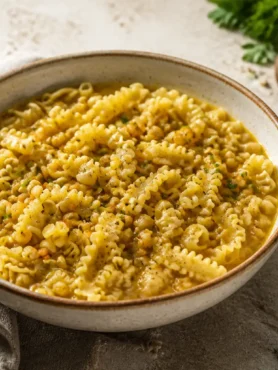 Pasta e ceci cremosa senza lardo in ciotola con pepe e prezzemolo