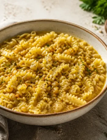 Pasta e ceci cremosa senza lardo in ciotola con pepe e prezzemolo