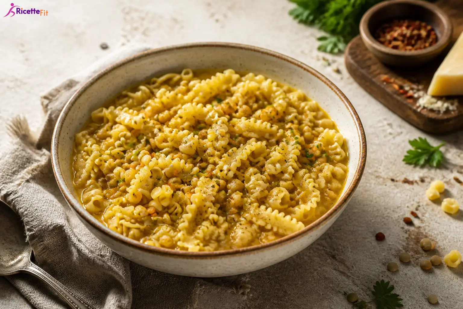 Pasta e ceci cremosa senza lardo in ciotola con pepe e prezzemolo