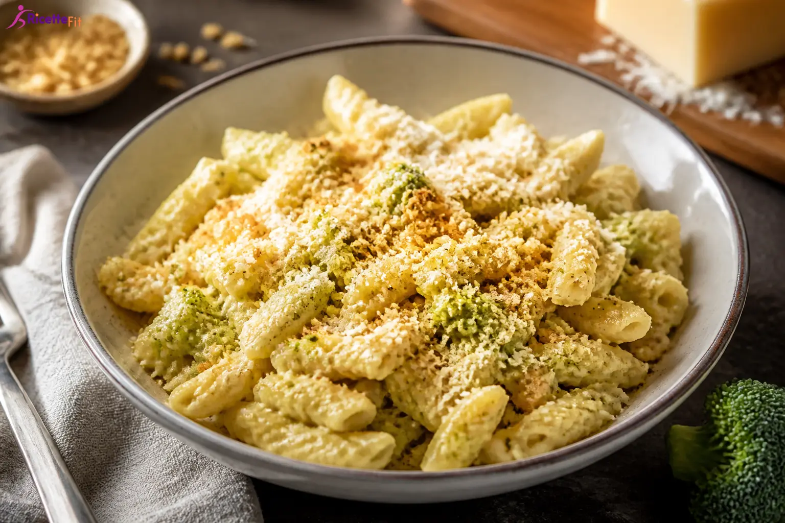 Penne al forno con cavolo romanesco, acciughe e pangrattato croccante