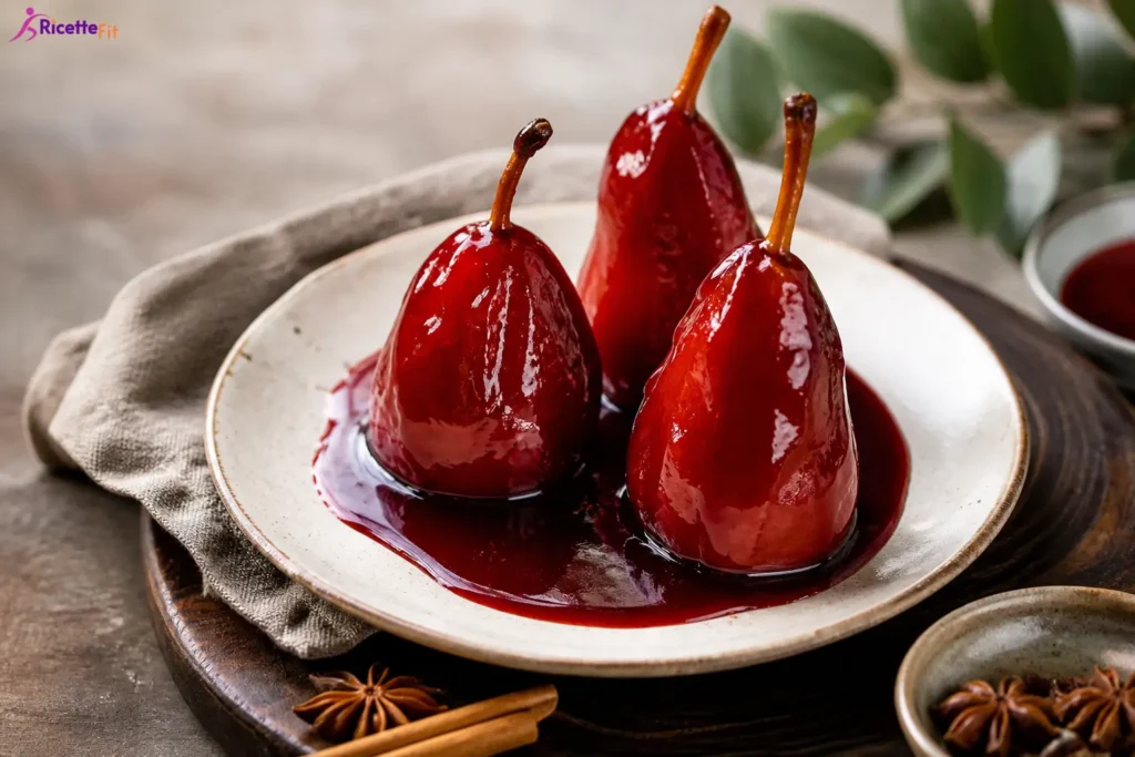 Pere cotte al vino rosso con cannella e salsa speziata senza zucchero
