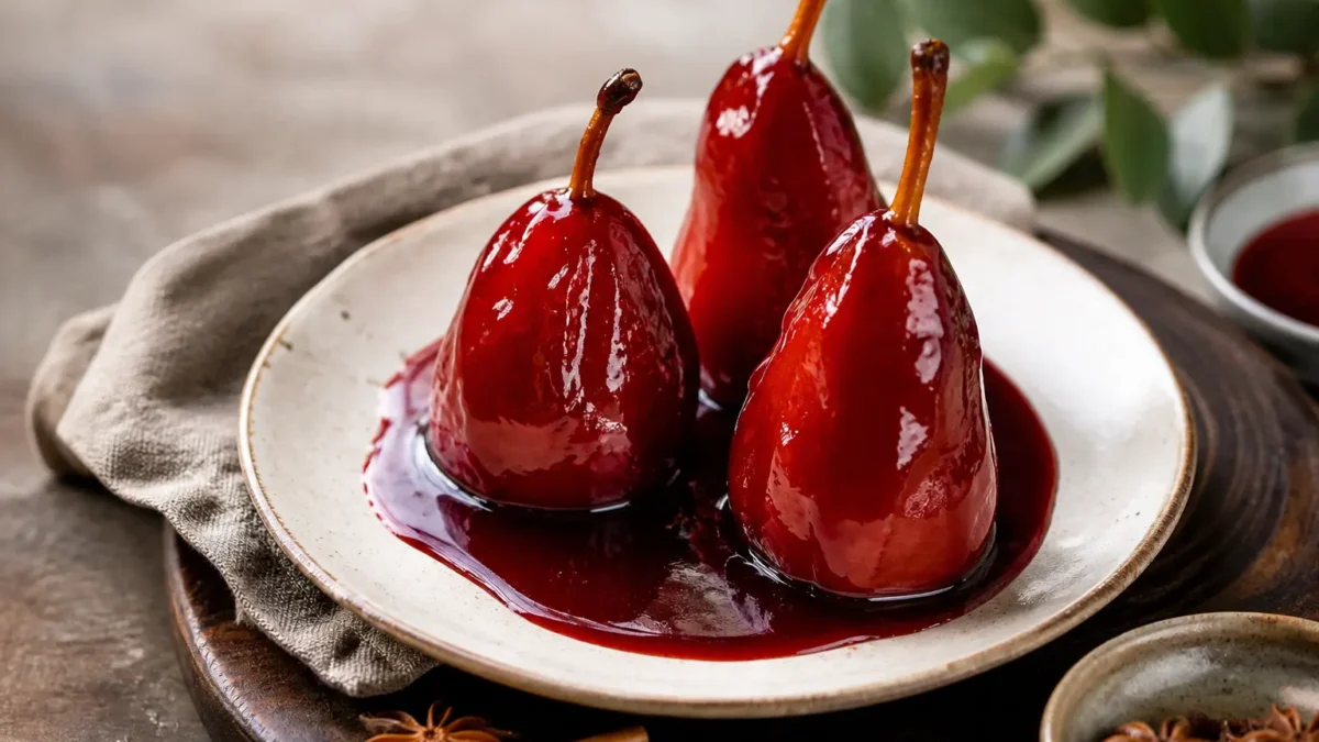 Pere cotte al vino rosso con cannella e salsa speziata senza zucchero