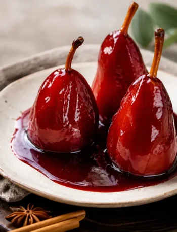 Pere cotte al vino rosso con cannella e salsa speziata senza zucchero