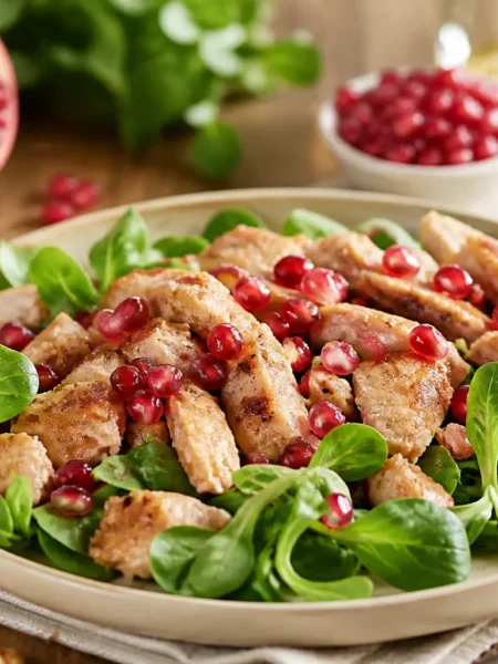 Petto di pollo glassato al melograno con valeriana fresca