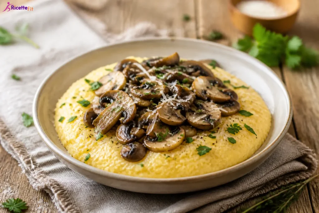 Polenta ai funghi misti light cremosa con prezzemolo e parmigiano