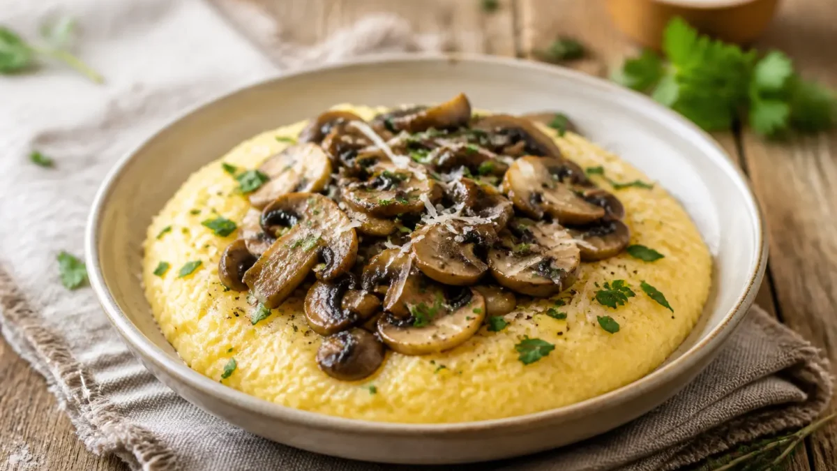 Polenta ai funghi misti light cremosa con prezzemolo e parmigiano