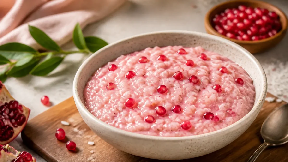 Risotto al melograno fit cremoso con chicchi di melagrana