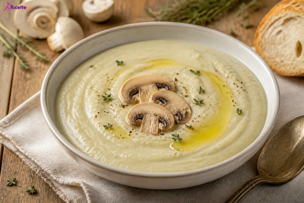 Vellutata di topinambur con funghi champignon, timo e olio extravergine