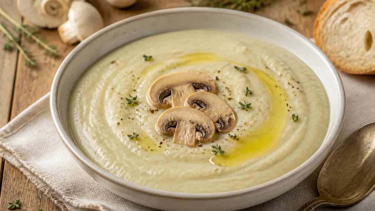 Vellutata di topinambur con funghi champignon, timo e olio extravergine