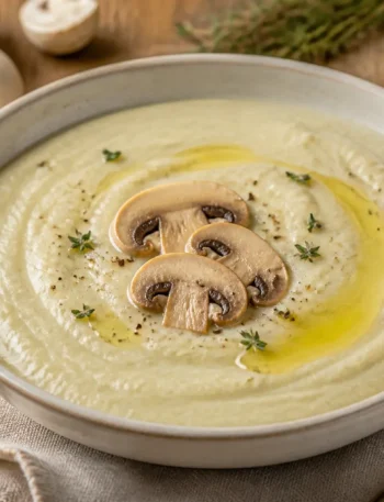 Vellutata di topinambur con funghi champignon, timo e olio extravergine