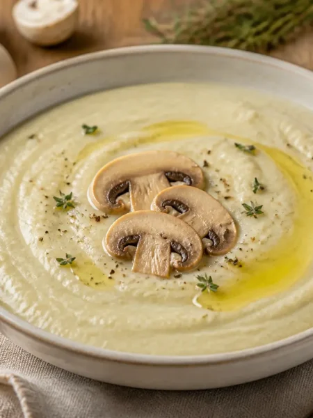Vellutata di topinambur con funghi champignon, timo e olio extravergine