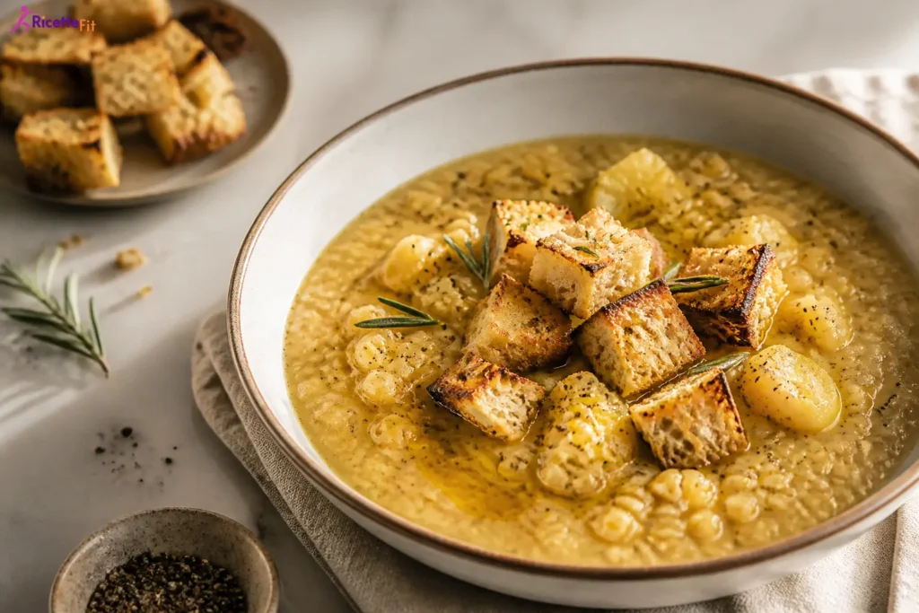 Zuppa di cicerchie con patate e crostini al rosmarino