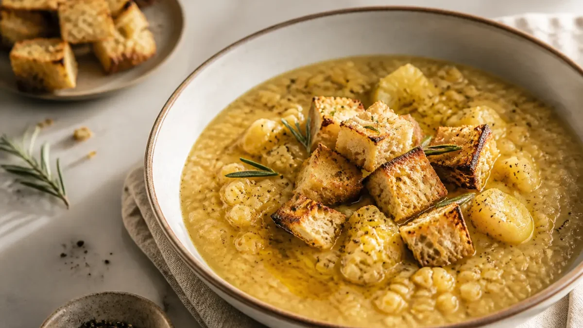 Zuppa di cicerchie con patate e crostini al rosmarino