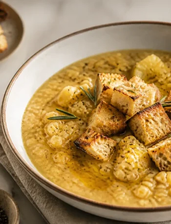 Zuppa di cicerchie con patate e crostini al rosmarino