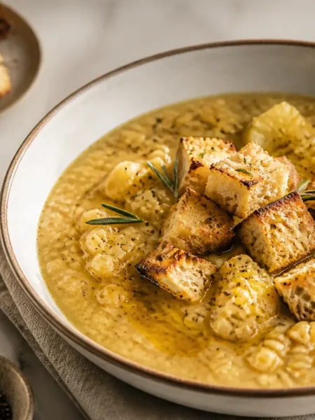Zuppa di cicerchie con patate e crostini al rosmarino