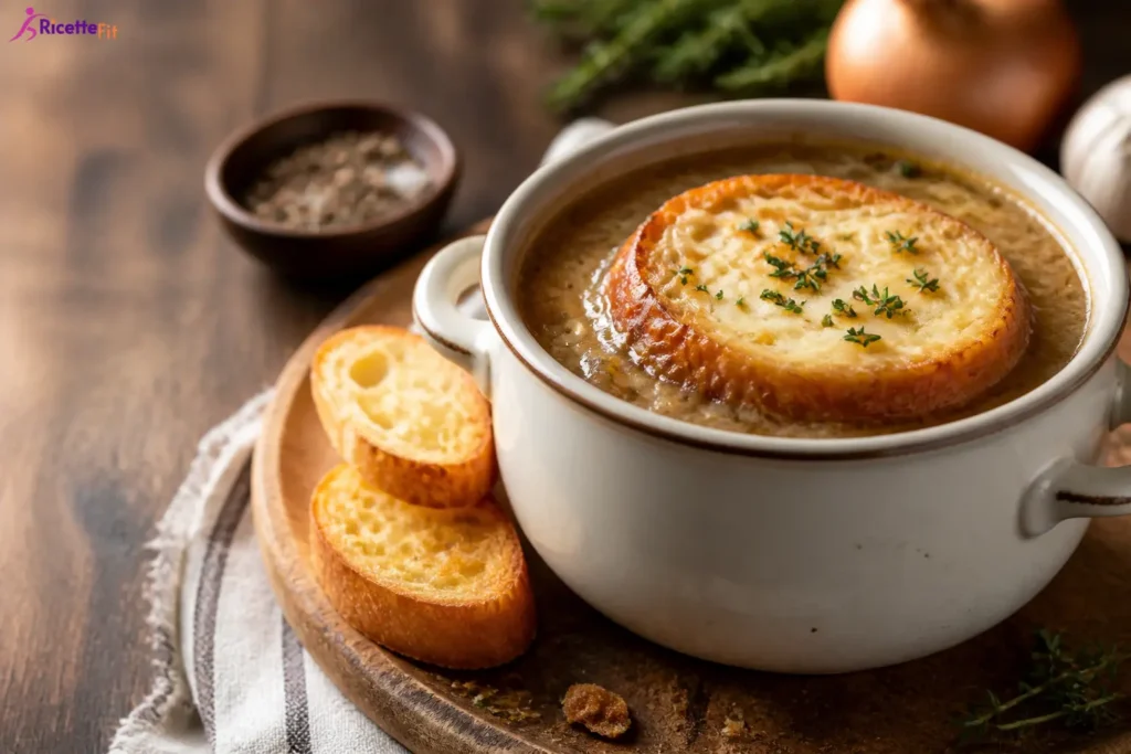 Zuppa di cipolle gratinata fit con crostone integrale e gruviera