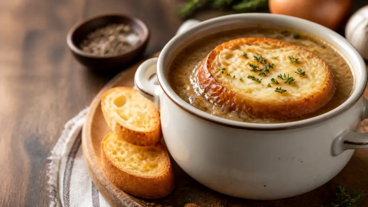 Zuppa di cipolle gratinata fit con crostone integrale e gruviera