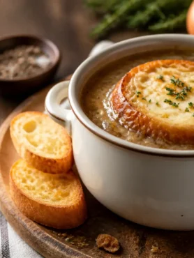 Zuppa di cipolle gratinata fit con crostone integrale e gruviera