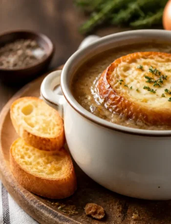 Zuppa di cipolle gratinata fit con crostone integrale e gruviera